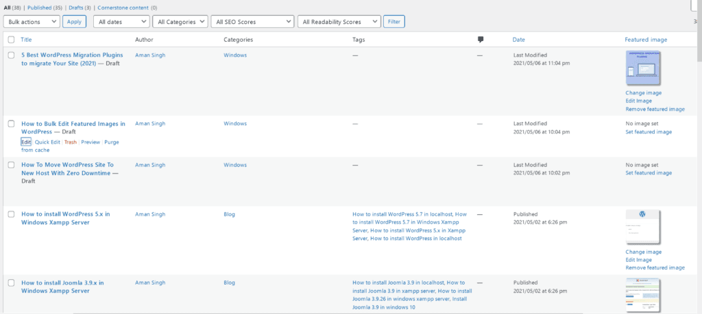 Featured image column on posts screen