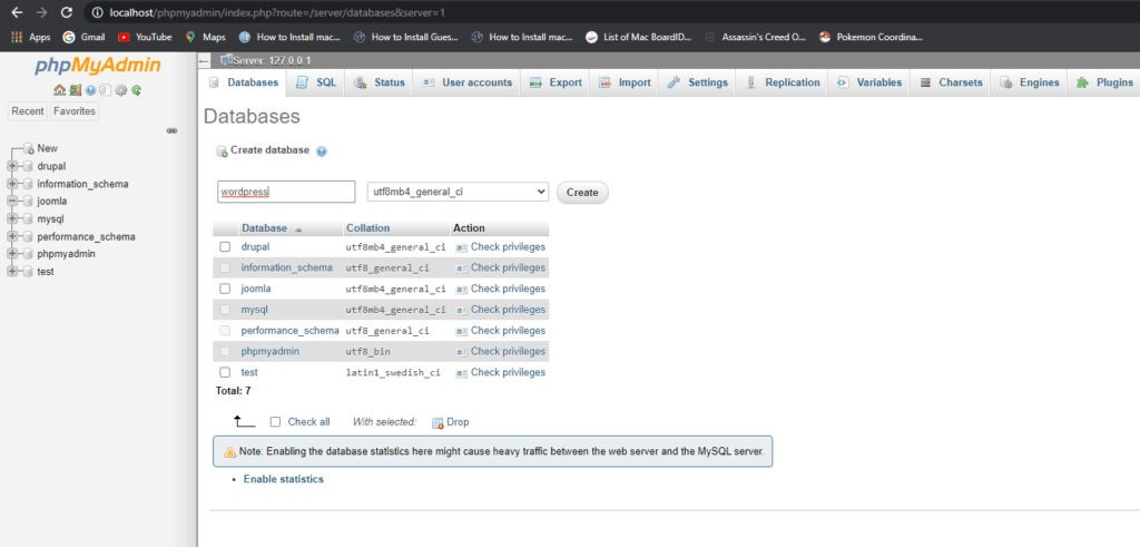 phpMyAdmin Create Database