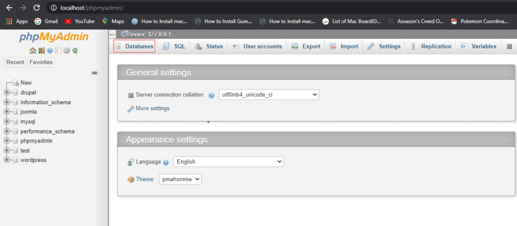 phpMyAdmin Home Page