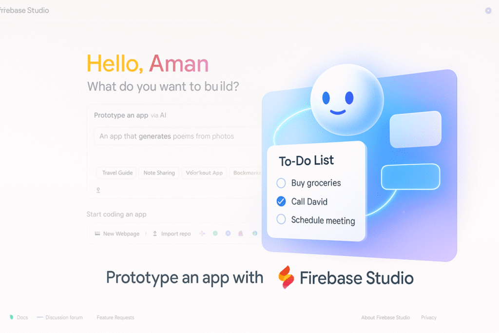 Illustration of a user typing a prompt into Firebase Studio, with the generated app interface appearing on the screen.