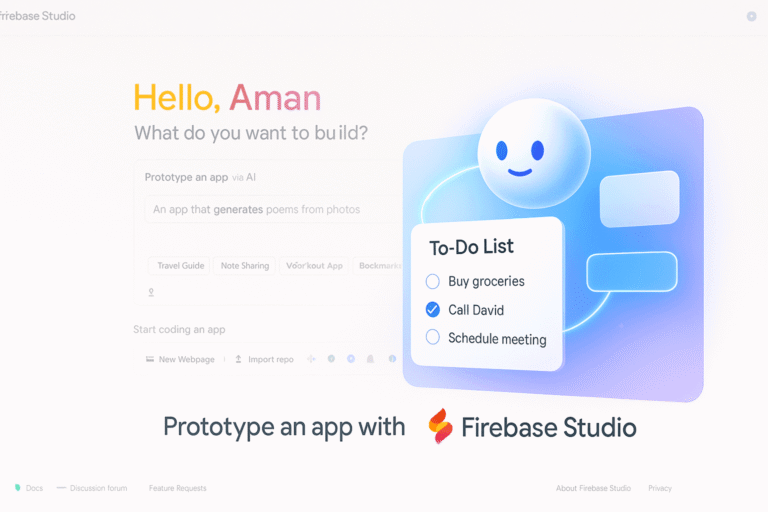 Illustration of a user typing a prompt into Firebase Studio, with the generated app interface appearing on the screen.