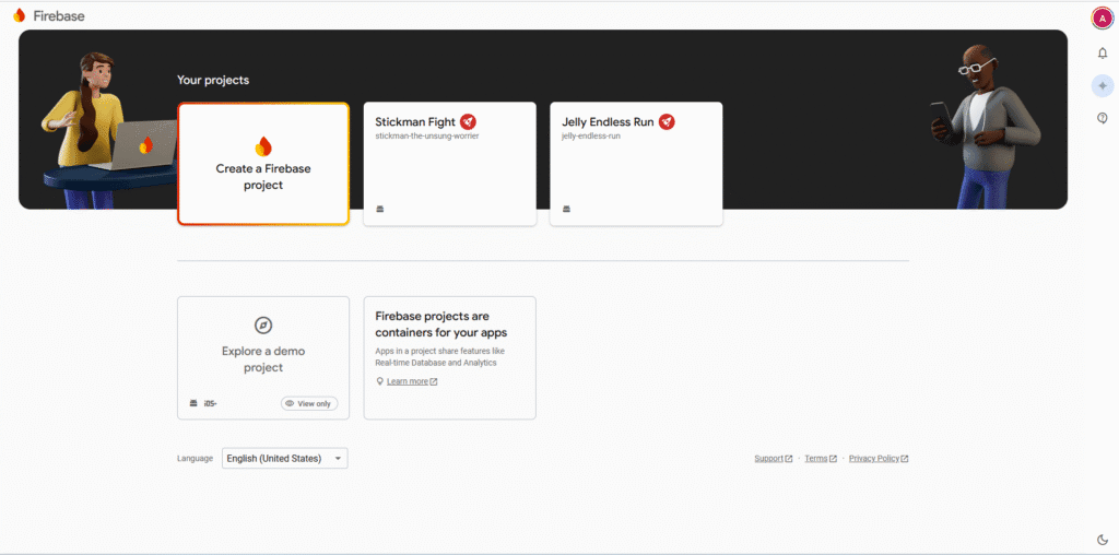 Screenshot of the Firebase Console dashboard showing project setup and service options.