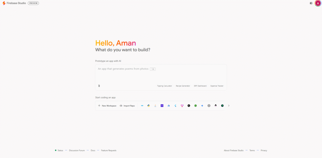 Screenshot of the Firebase Studio dashboard showing the app creation process, including the code editor and AI assistance tools.