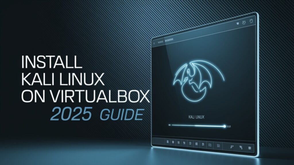 Illustration representing how to install Kali Linux in VirtualBox, showing combined logos or interface elements with a tech background.
