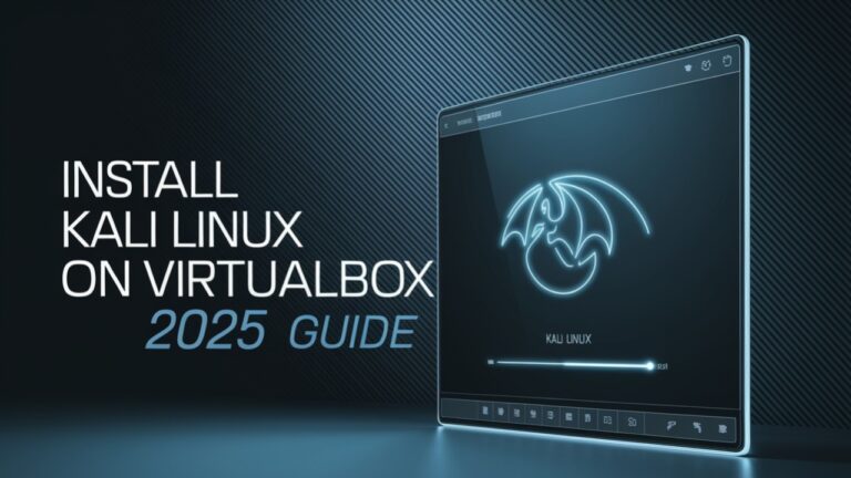 Illustration representing how to install Kali Linux in VirtualBox, showing combined logos or interface elements with a tech background.