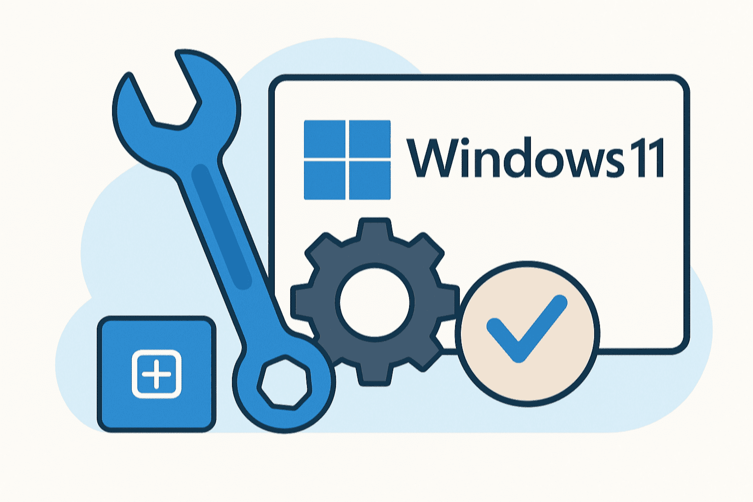 Digital illustration showing Windows 11 logo with repair tools or gear icons, symbolizing fixing update issues and troubleshooting common problems.