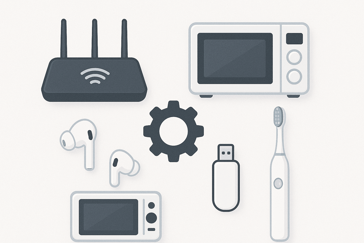 Flat lay arrangement of everyday gadgets (Wi-Fi router, microwave, USB stick, earbuds, toothbrush) for an article explaining how everyday tech works.