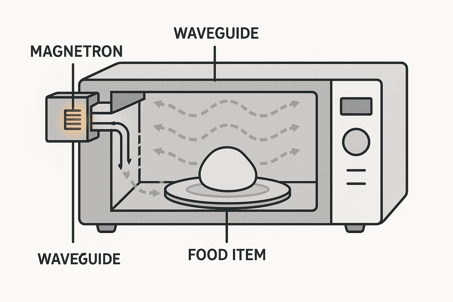 Cutaway diagram of a microwave oven showing the magnetron generating microwaves, which are directed by the waveguide into the cooking cavity to heat food on the turntable.