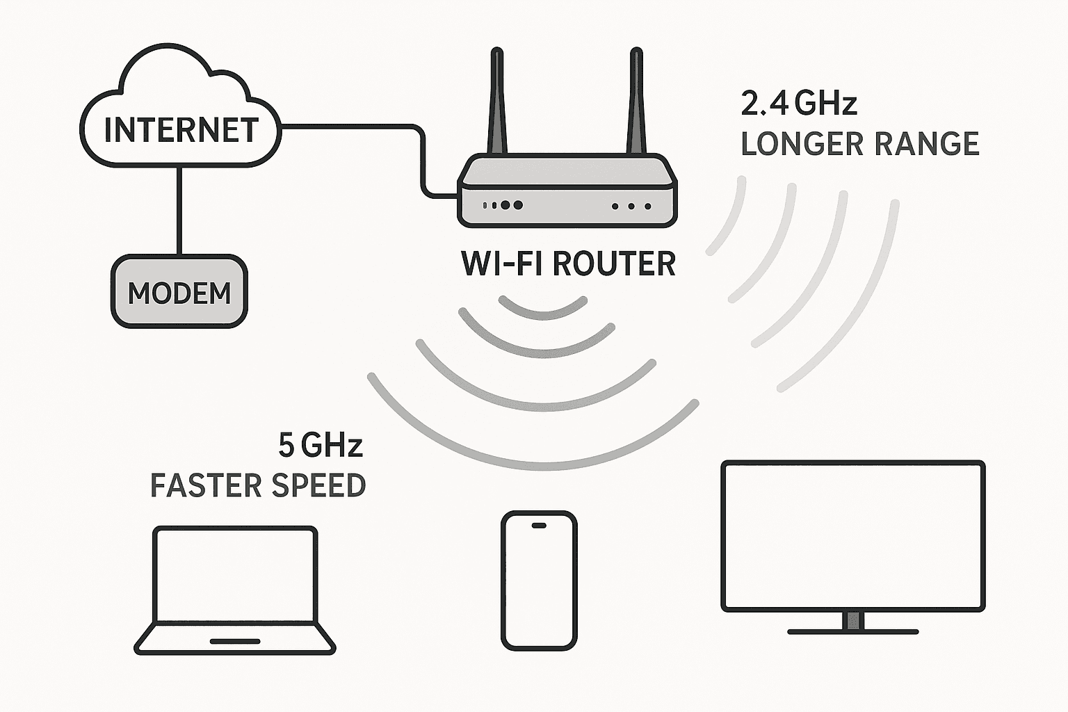 Diagram illustrating how a Wi-Fi router broadcasts dual-band (2.4GHz and 5GHz) radio waves from a modem to connect devices like laptops and phones to the internet.