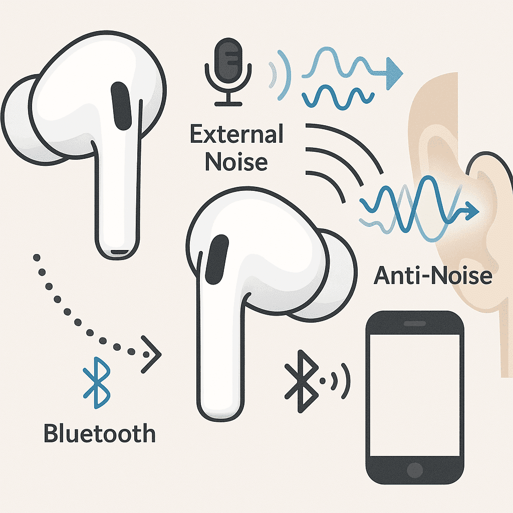 Diagram illustrating how wireless earbuds connect to a phone via Bluetooth and how Active Noise Cancellation (ANC) uses external microphones and internal speakers to cancel background noise.