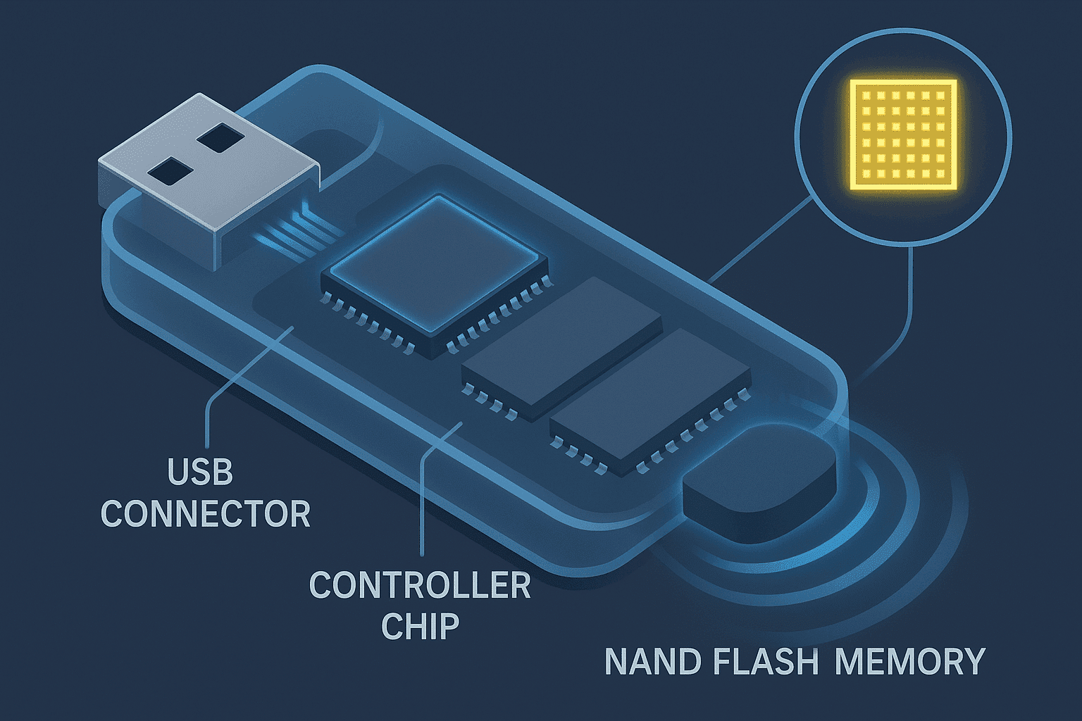 Diagram showing the internal components of a USB flash drive, including the USB connector, controller chip, and NAND flash memory chips where data is stored.