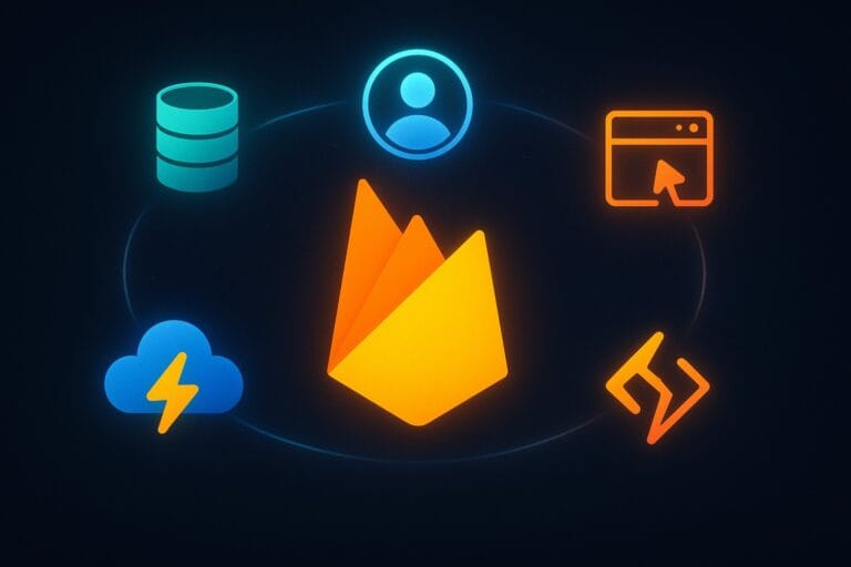 Abstract graphic introducing Firebase concepts for app development using building blocks.