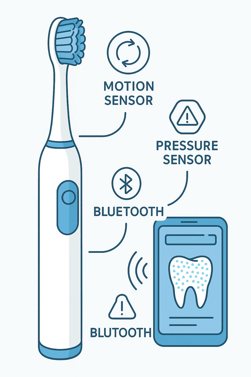 Illustration of a smart toothbrush highlighting icons for motion sensors, pressure sensors, and its Bluetooth connection to a smartphone app displaying brushing data.