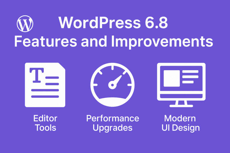 WordPress 6.8 features and improvements illustrated in a modern design.